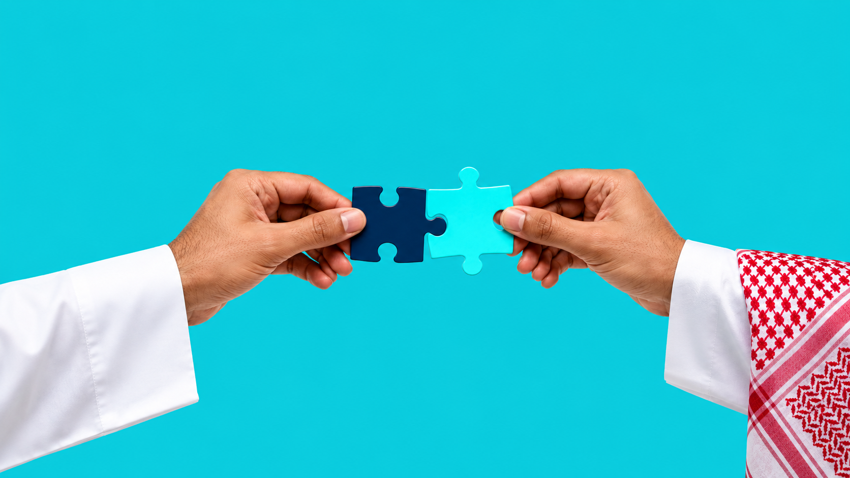 Saudi hands joining puzzle pieces to represent collaboration, strategic partnerships, and shared value initiatives.